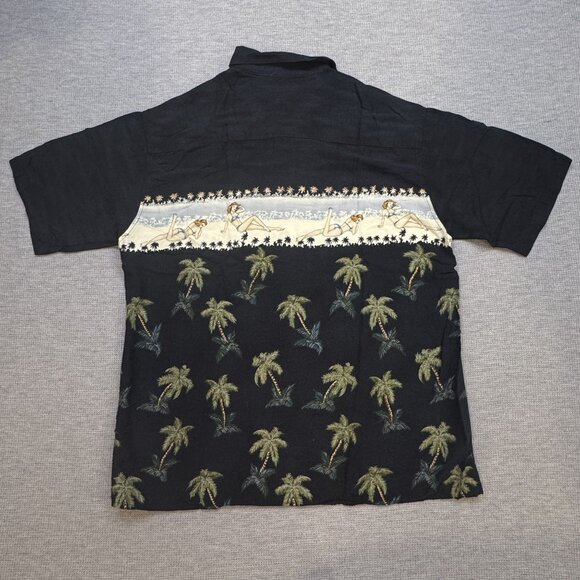 Vintage Consensus Sportswear Hawaiian Shirt Size L Black Palm Tree Pin-Up Girl - Picture 2 of 13